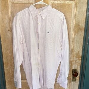 Vineyard Vines Men’s Whale Shirt Light Pink and Blue Windowpane  LS Shirt